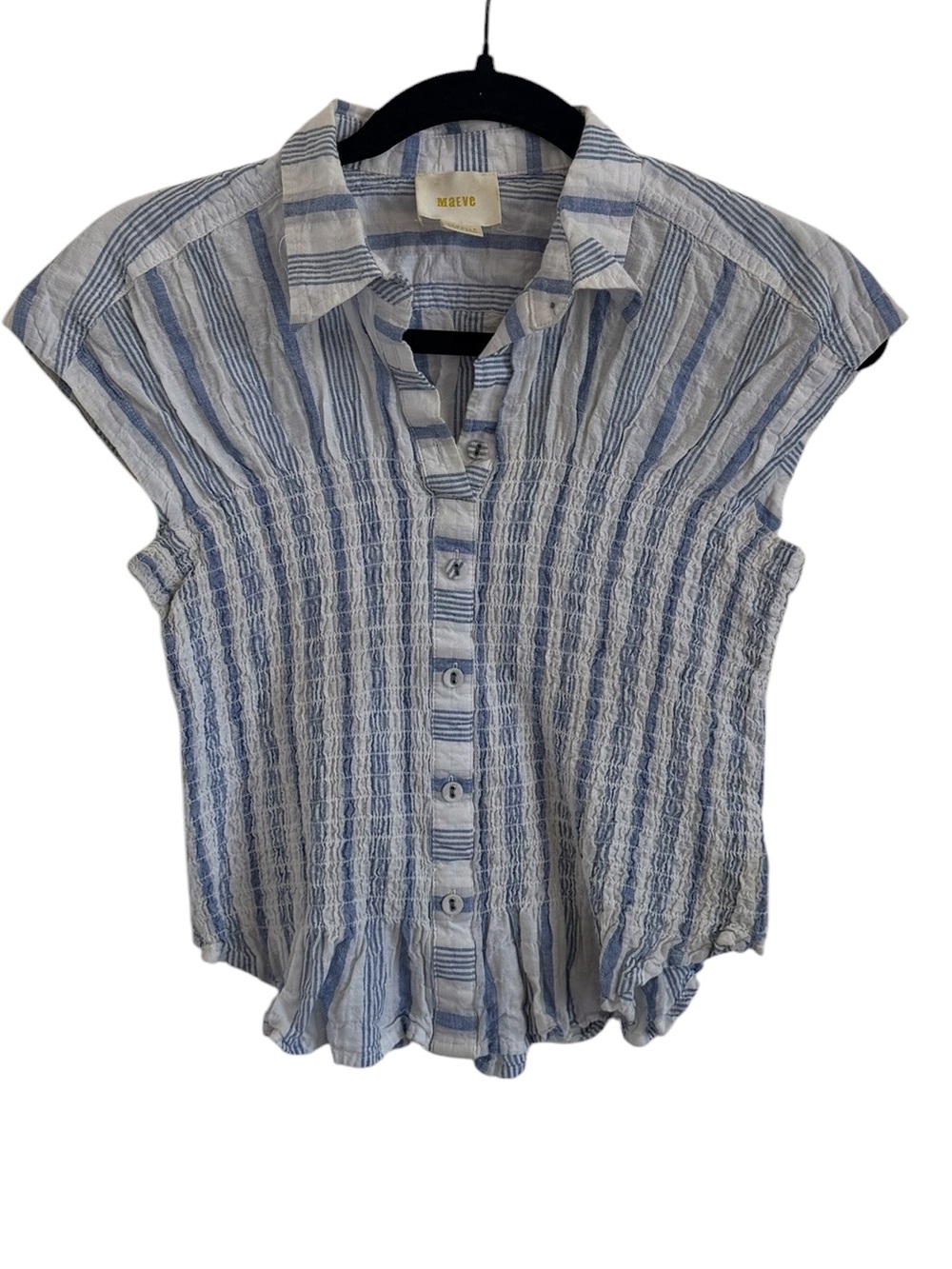 Maeve Bellamy Button Down Smocked Stripe Blue & White - Picture 4 of 10